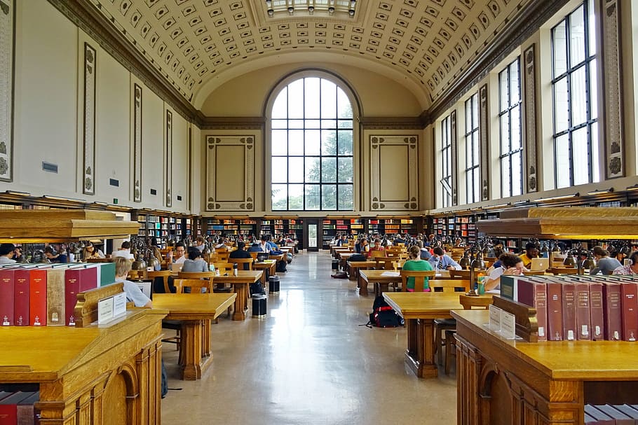 brown concrete library, hall, interior, university, cal, california, HD wallpaper