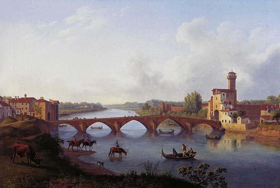 people riding horse on river near arch bridge painting, hackert