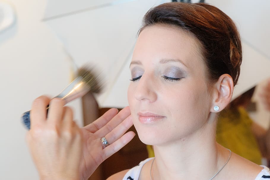 woman getting her makeup on, make up, bride, lips, mouth, face HD wallpaper