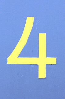 Yellow 4 on blue background, counting, digit, four, photos, math HD wallpaper