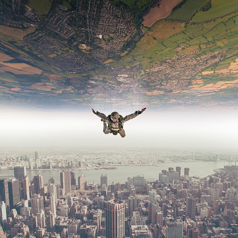 man wearing gray suit, parachutist, fall, sky, landscape, nature HD wallpaper