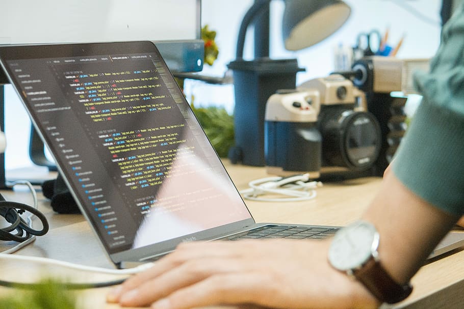 Code on Macbook Pro, round silver-colored watch, computer, screen HD wallpaper