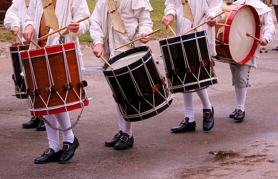 person carrying red and brown drums, percussion, music, parade HD wallpaper