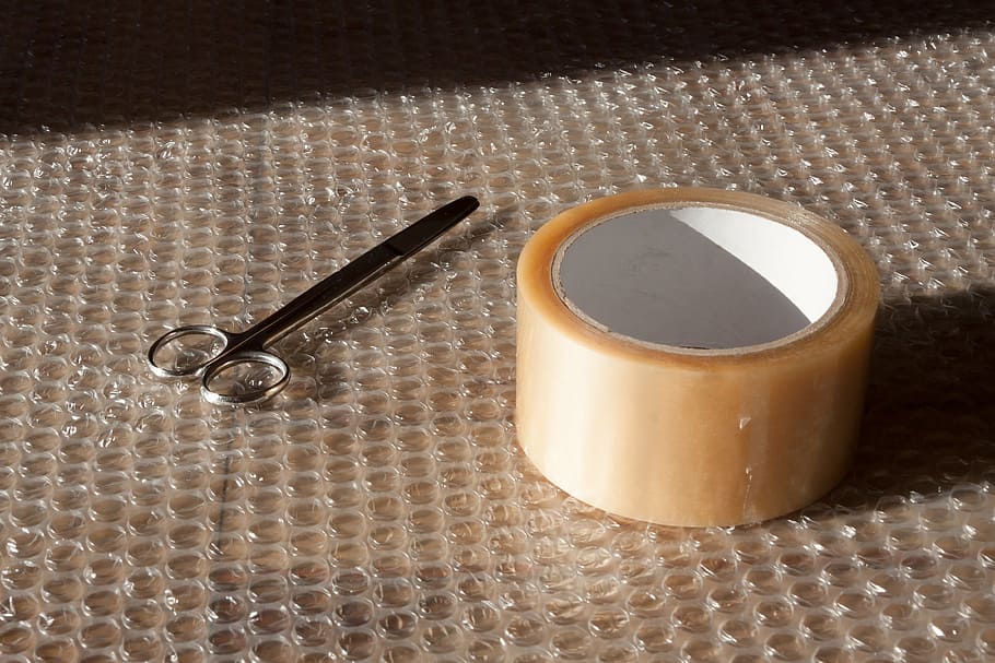 silver scissor and adhesive tape, scissors, blister foil, packaging HD wallpaper