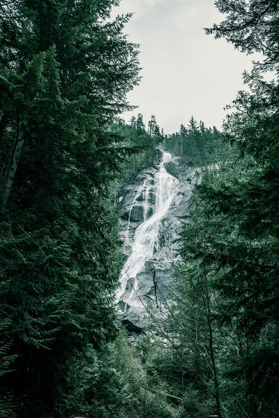waterfall flowing from the mountain, water falls between green leafed trees under white clouds at daytime HD wallpaper