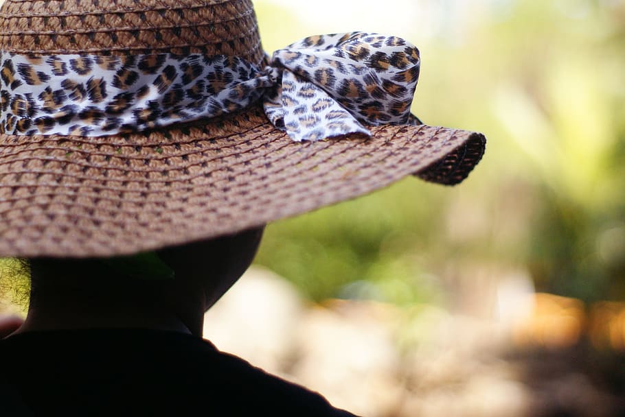 Woman, Hat, Leopard, Pattern, back, ribbon, straw, silhouette HD wallpaper