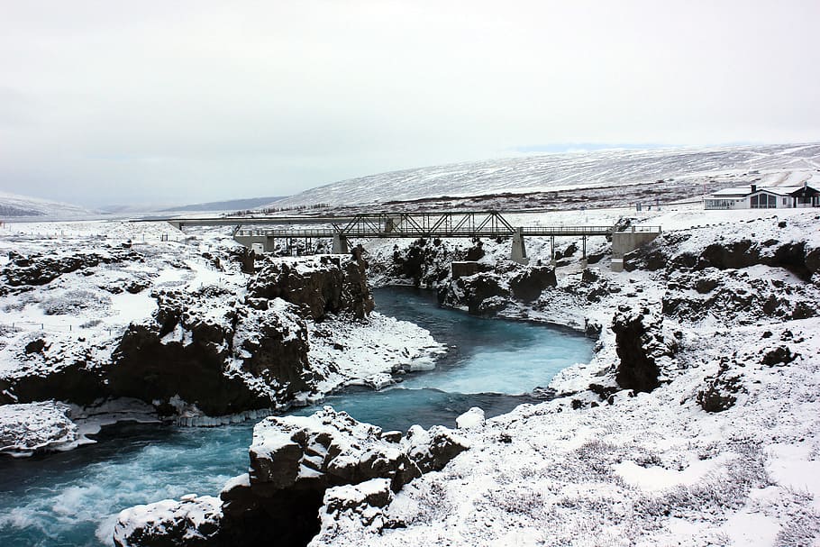 River, Blue, Bridge, Snow, Water, Nature, sky, landscape, travel HD wallpaper