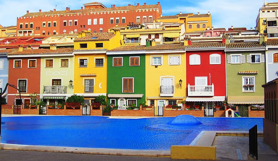port saplaya, spain, valencia, valence, swimming pool, colors, HD wallpaper