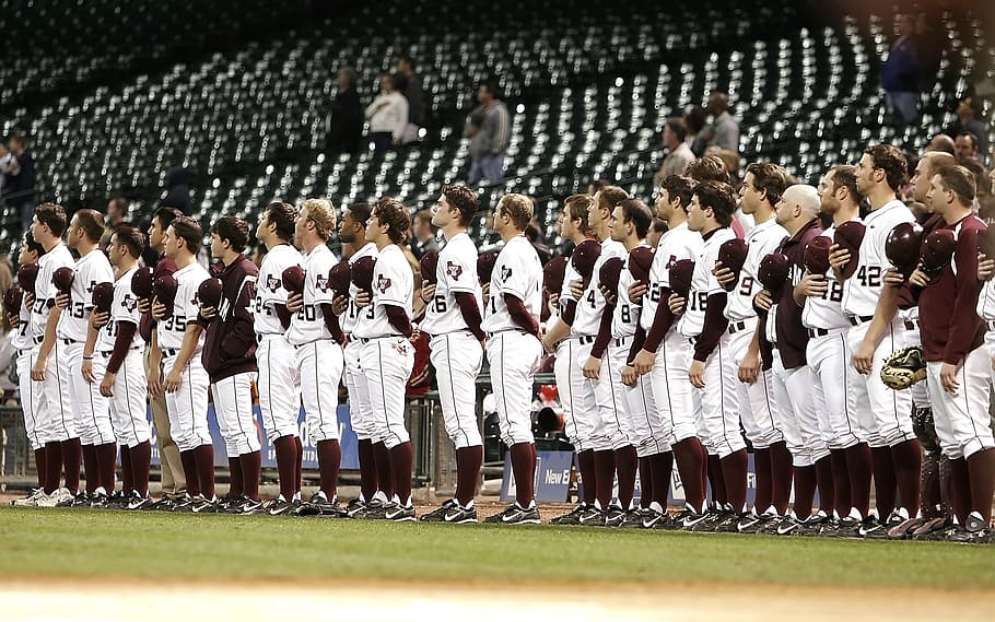 baseball team, national anthem, pregame, baseball diamond, college, HD wallpaper