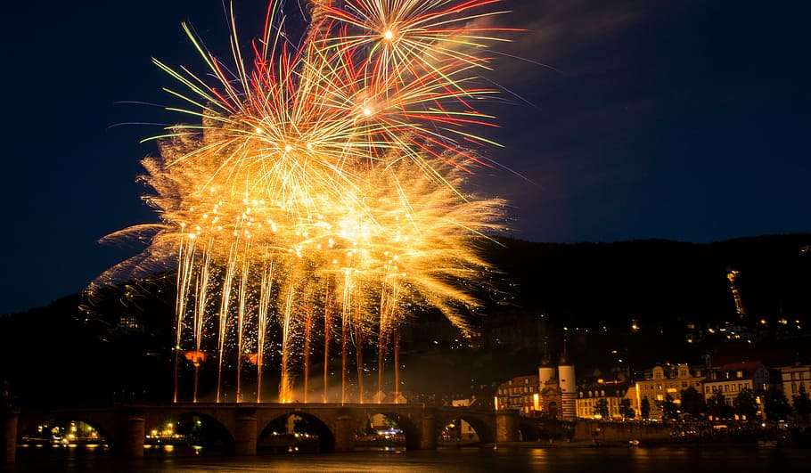 fireworks, heidelberg, castle, lighting, night, fortress, bridge
