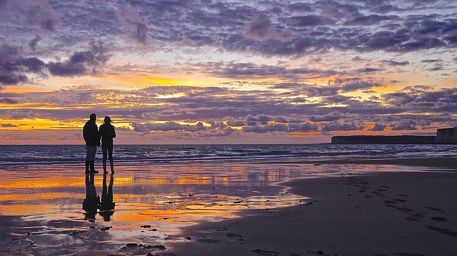 sunset, dawn, water, dusk, panoramic, sky, sea, beach, land HD wallpaper