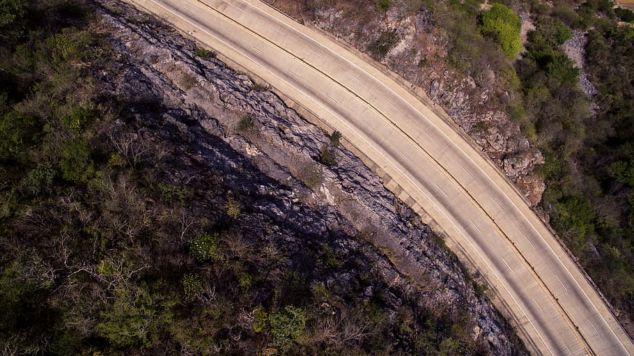 cliff, road, rocks, trees, plant, nature, high angle view, no people HD wallpaper