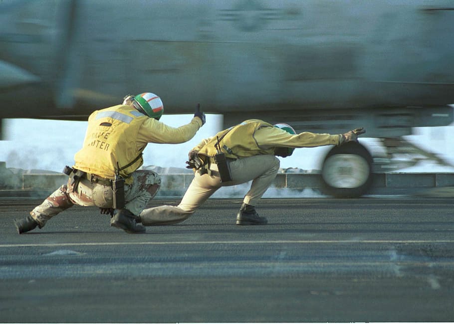 two man on road, aircraft carrier, us navy, military, flight crew, HD wallpaper