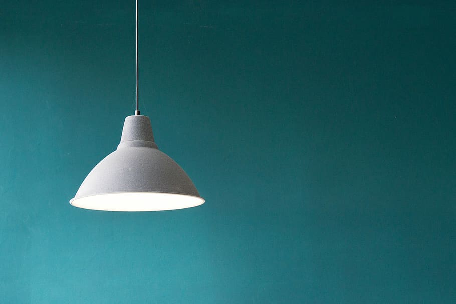 white pendant lamp, turned-on white pendant light, blue, hanging HD wallpaper