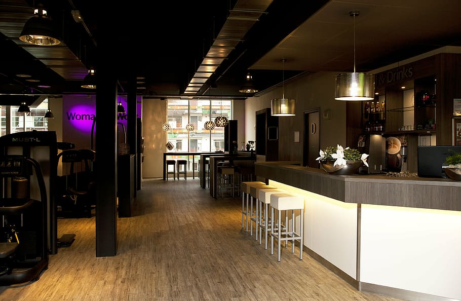beige bar stools beside counter, interior, inside, room, architecture HD wallpaper