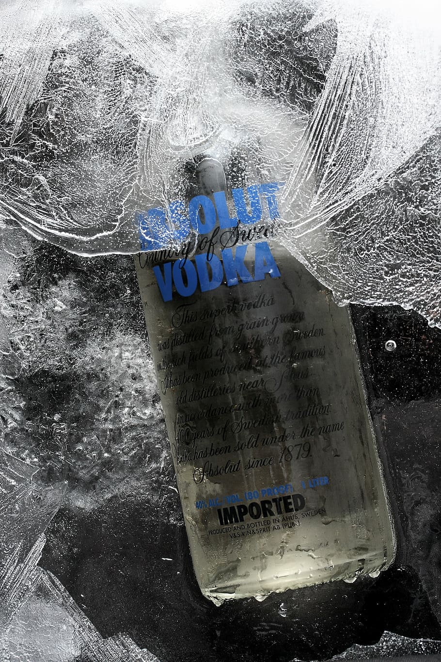 Vodka bottle, product, ice, fiction, frozen, cold, wet, beverage