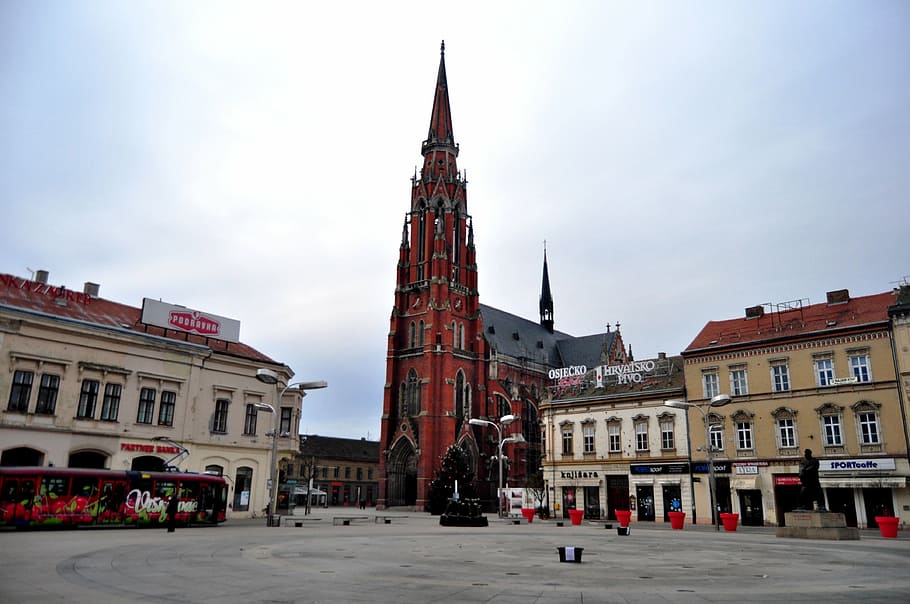 osijek co-cathedral, neo-gothic, croatia, square, europe, architecture, HD wallpaper