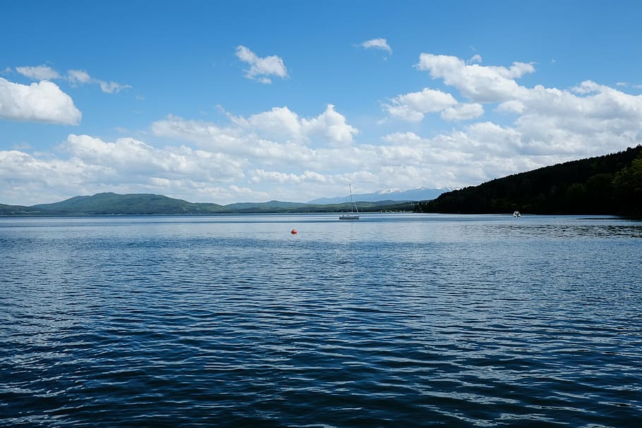 clouds, lake, landscape, nature, sky, water, summer, blue, outdoors HD wallpaper