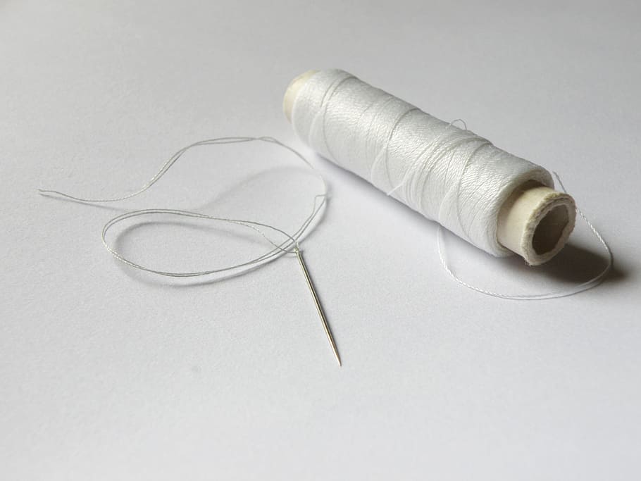 white thread roll beside needle on white surface, reels, sewing, HD wallpaper