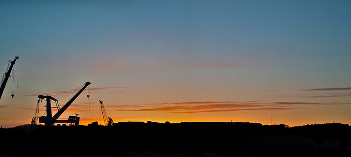crane, sunset, sky, evening, horizon, brest, ports, finistère HD wallpaper