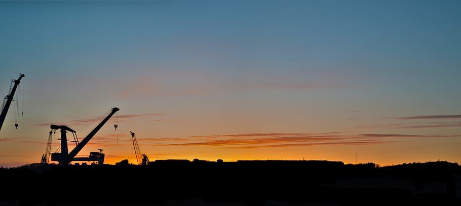 crane, sunset, sky, evening, horizon, brest, ports, finistère HD wallpaper
