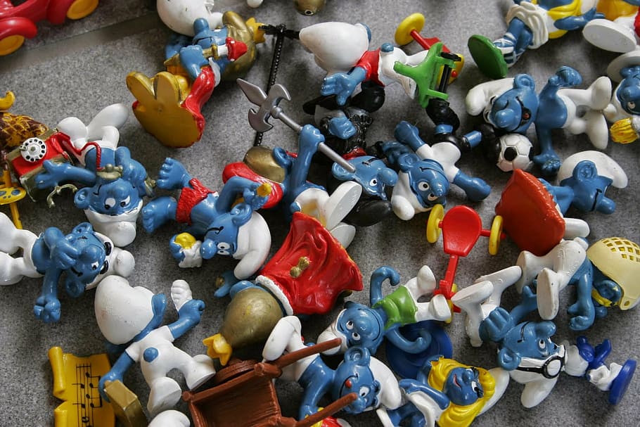 smurf, the smurfs, toys, multi colored, large group of objects