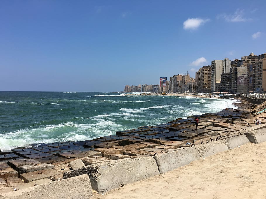 Seaside landscape with buildings in Alexandria, Egypt, photos