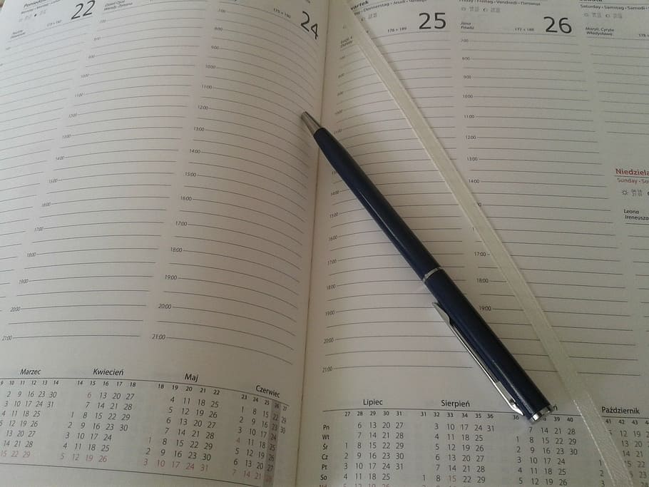 click pen placed on top of an open book planner, calendar, quotation, HD wallpaper