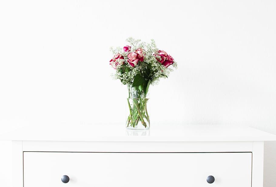 pink and white floral bundle in vase on white wooden dresser HD wallpaper