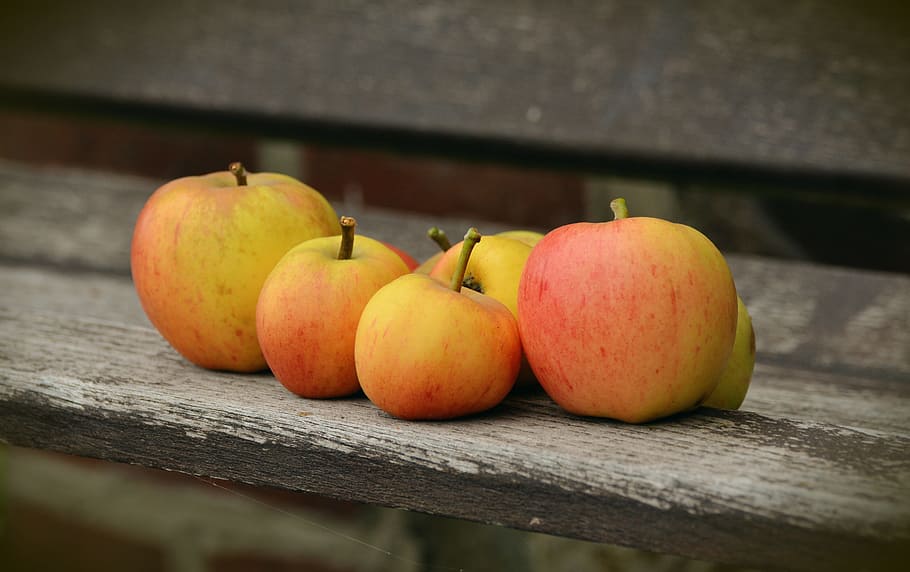 red-and-yellow apples on gray wooden surface, goldparmäne HD wallpaper