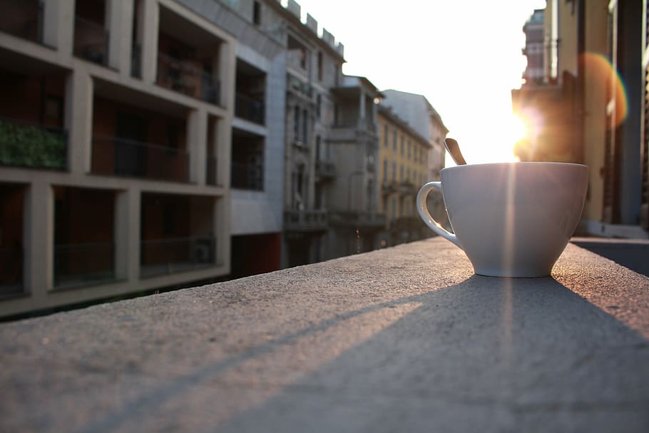 white ceramic cup on gray concrete surface, coffee, espresso, HD wallpaper