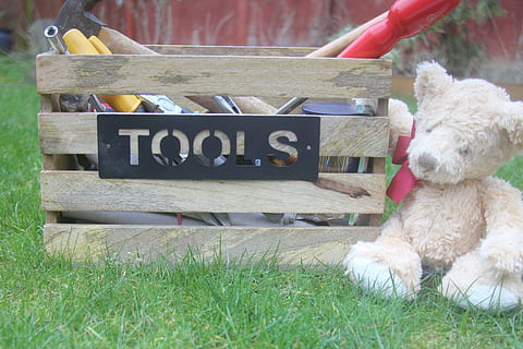 teddy bear near toolbox on grass, tool box, tools, repair, fix HD wallpaper