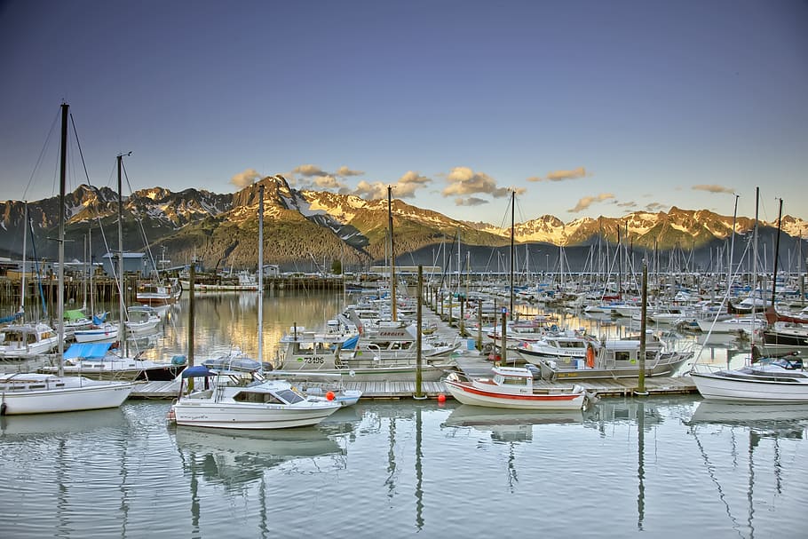 power pierre, seward, alaska, scenic, mountains, marina, boats, HD wallpaper