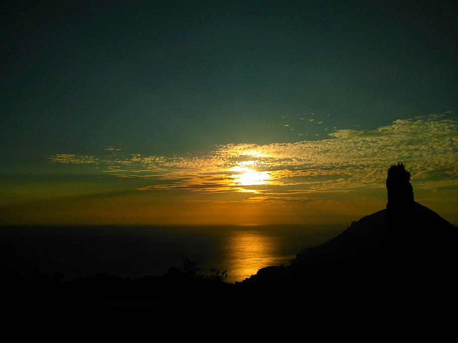 clouds, coast, ocean, sea, silhouette, sky, sun, sunrise, sunset HD wallpaper