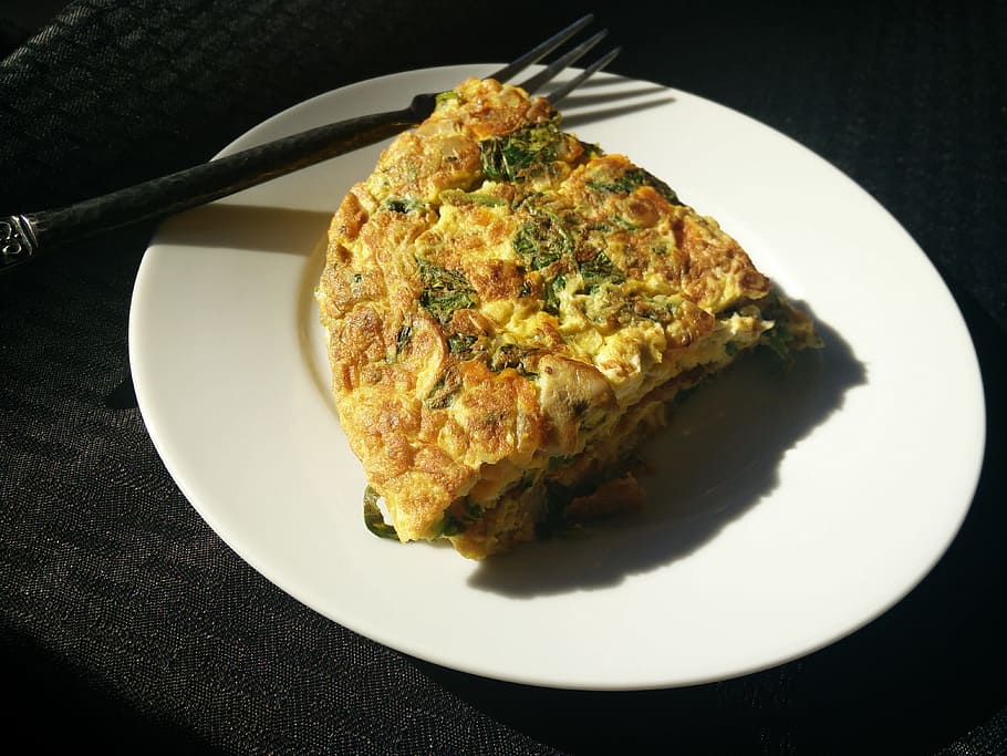 omelet on round ceramic plate, omelette, eggs, fork, spinach