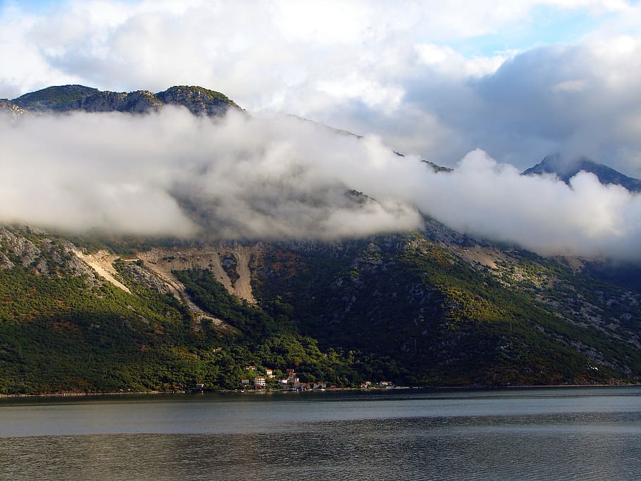 mountain, clouds, sea, scenic, landscape, background, nature HD wallpaper