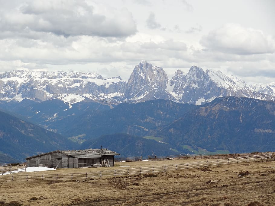alpine, mountains, hut, snow, clouds, mountain range, scenics - nature HD wallpaper