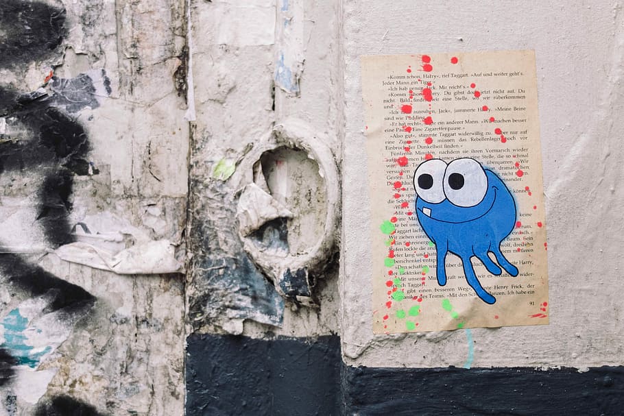 blue monster on bookpage, blue and white white wall art, graffiti HD wallpaper