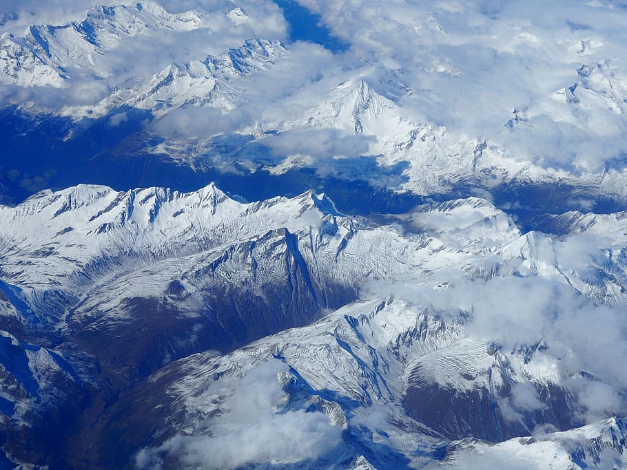 snow capped mountains aerial photography, highland, clouds HD wallpaper
