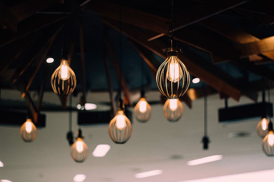 lighted pendant lamp lot, turned on yellow lights, light bulb HD wallpaper