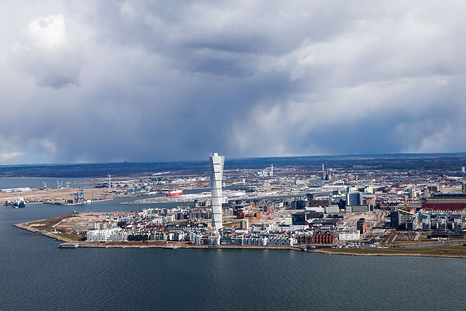 malmö, aerial photo, turning torso, the west harbour, architecture, HD wallpaper