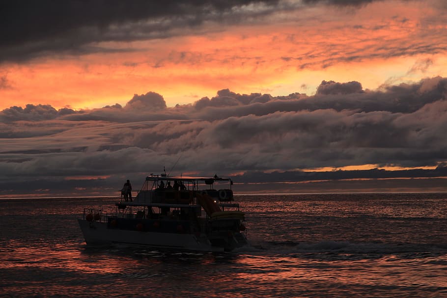 ocean, bay, boat, cloudy, sunset, sky, cloudscape, outdoor HD wallpaper