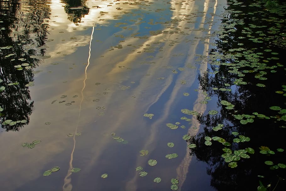 river, reflection, sky, evening, pond, sunset, water, high angle view HD wallpaper