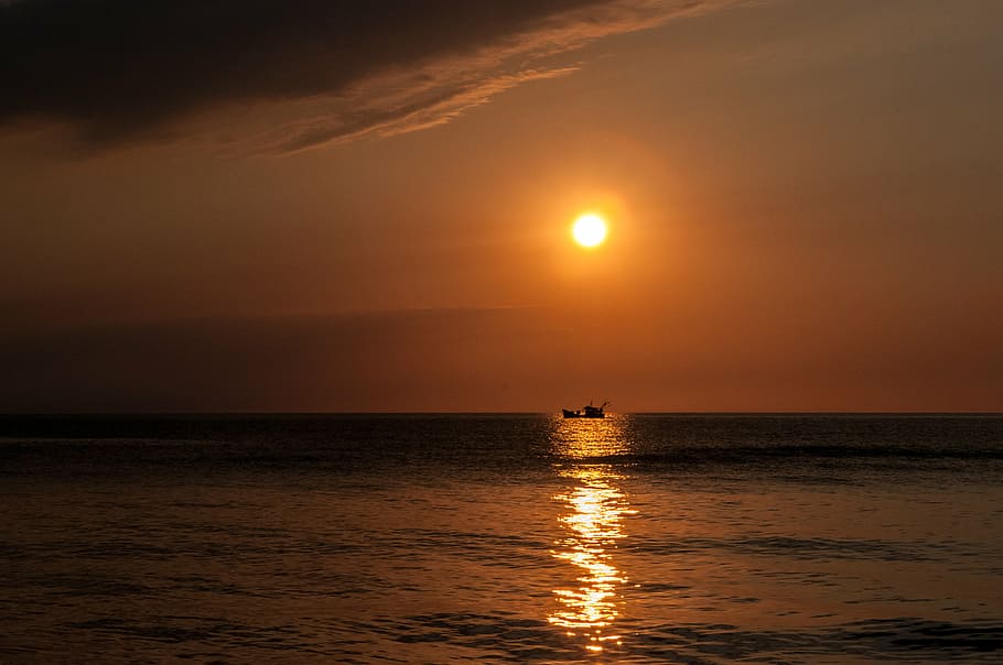 boat, sea, sunset, nature, dusk, silhouette, orange Color, sunlight HD wallpaper