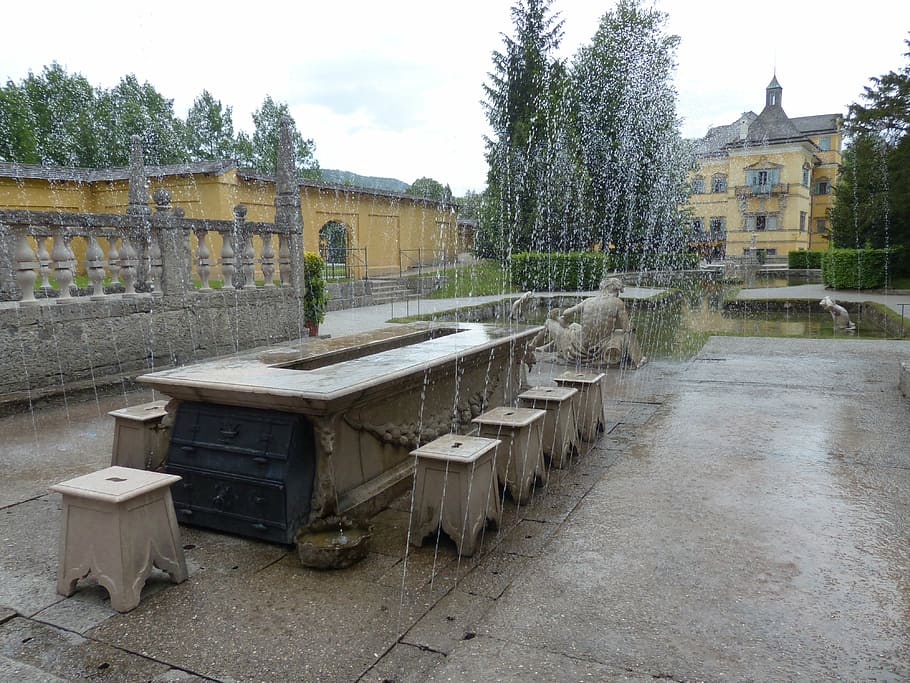 lords table, hellbrunn, water feature, marble table, seats, HD wallpaper