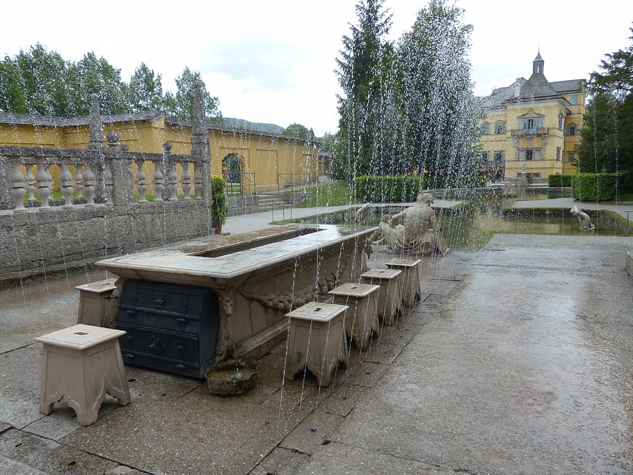lords table, hellbrunn, water feature, marble table, seats HD wallpaper