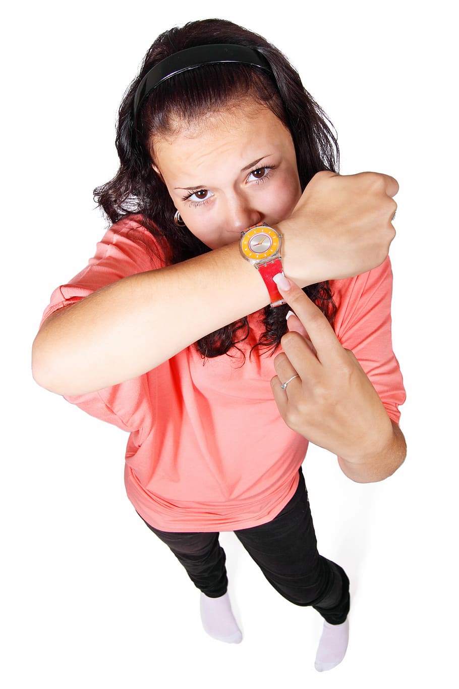 woman wearing pink top and pointing her watch, appointment, clock, HD wallpaper