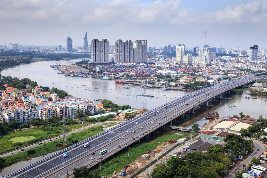 bridge under white cloudsa, the city, ho chi minh, the street, HD wallpaper