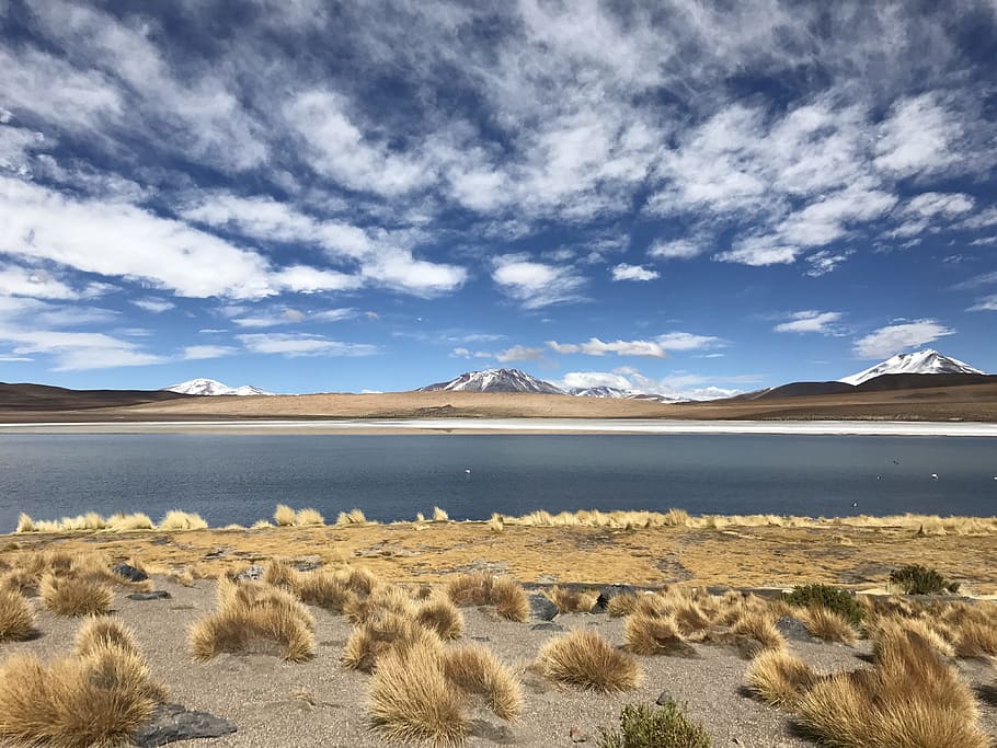 landscape, nature, sky, sand, daylight, grass, lake, mountain HD wallpaper