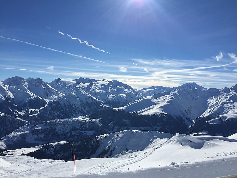 mountains, winter, snow, ski run, landscape, runway, alpine HD wallpaper